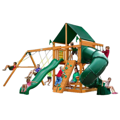Gorilla Playsets 01-0005-AP-2 Mountaineer Amber Posts Swing Set and Residential Wood Playset with Sunbrella Canvas Forest Green Canopy New