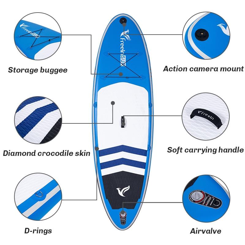 Freein 10' Inflatable Ocean SUP Stand Up Paddle Board Package Dual Action Pump Camera Mount Blue New