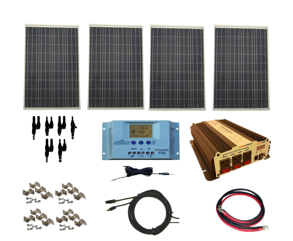 WindyNation SOK-400WPI-15 Complete 400 Watt Solar Panel Kit with VertaMax Power Inverter for 12 Volt Battery Systems New