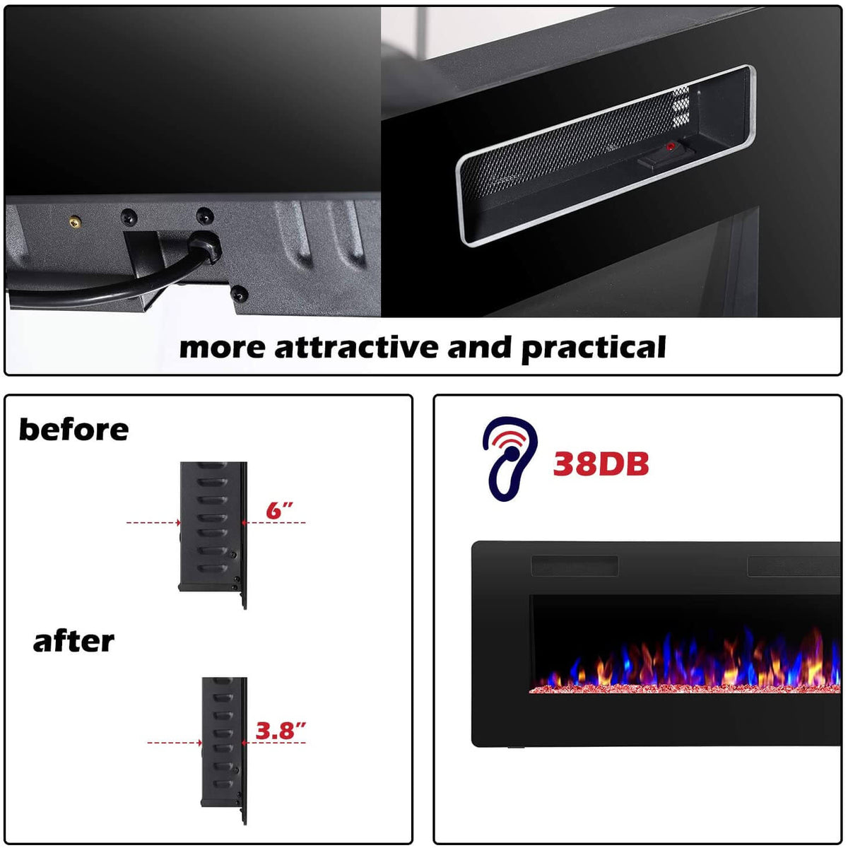 RW Flame 850C 750W-1500W 50 Inch Recessed and Wall Mounted Electric Fireplace With Remote Control Black New