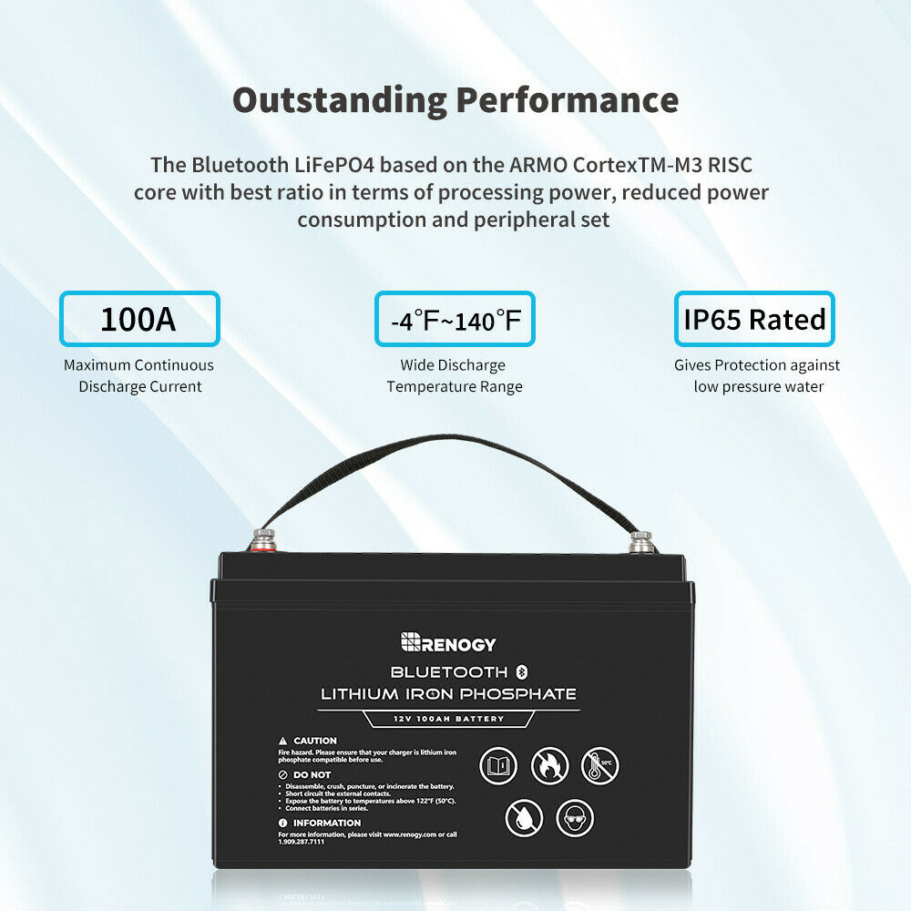 Renogy RBT100LFP12-BT-US 100Ah 12V Lithium Iron Phosphate Battery with Built-in Bluetooth BMS IP65 New