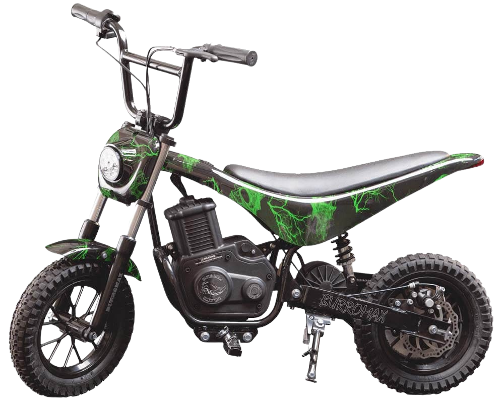 Burromax TT350R 24V 350W Kids Off Road Electric Ride On Mini Pocket Dirt Bike Green Skull New