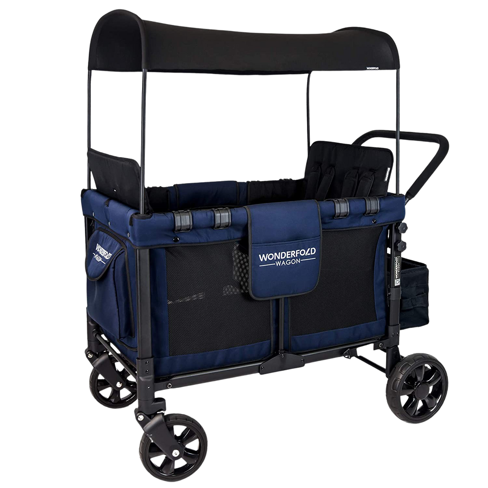 WonderFold Baby W4 Multi-Function Folding Quad Stroller Wagon with Removable Canopy and Seats Navy New