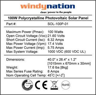 WindyNation 100 Watt 12 Volt Polycrystalline Photovoltaic Solar Panel New